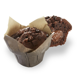 Muffin chocolat fourrage choco-noisettes décor éclats de chocolat